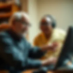 Dean Simes, a 102-year-old man, assists a person with technology, showcasing his wisdom and expertise in tech support.