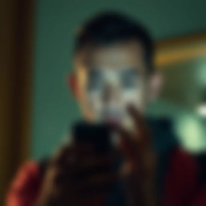 Person receiving a death threat message A concerned individual looking at their phone, showing a threatening message on the screen, with a worried expression