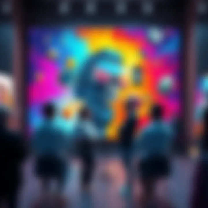 Group of people discussing the role of AI in art with visual artwork in the background