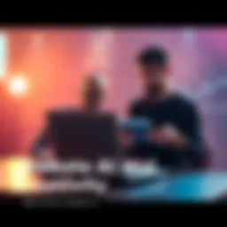 Two people engaging in a heated discussion about the role of AI in creativity, with one person holding a laptop and the other a notepad, symbolizing the clash between technology and traditional effort...