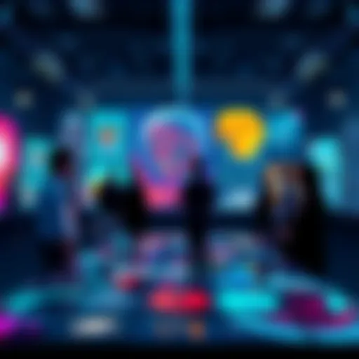 People discussing how to label AI-generated artworks, with a collection of digital art pieces displayed.