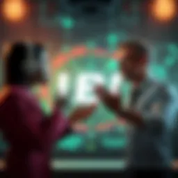 Two people discussing Universal Basic Income with AI elements in the background