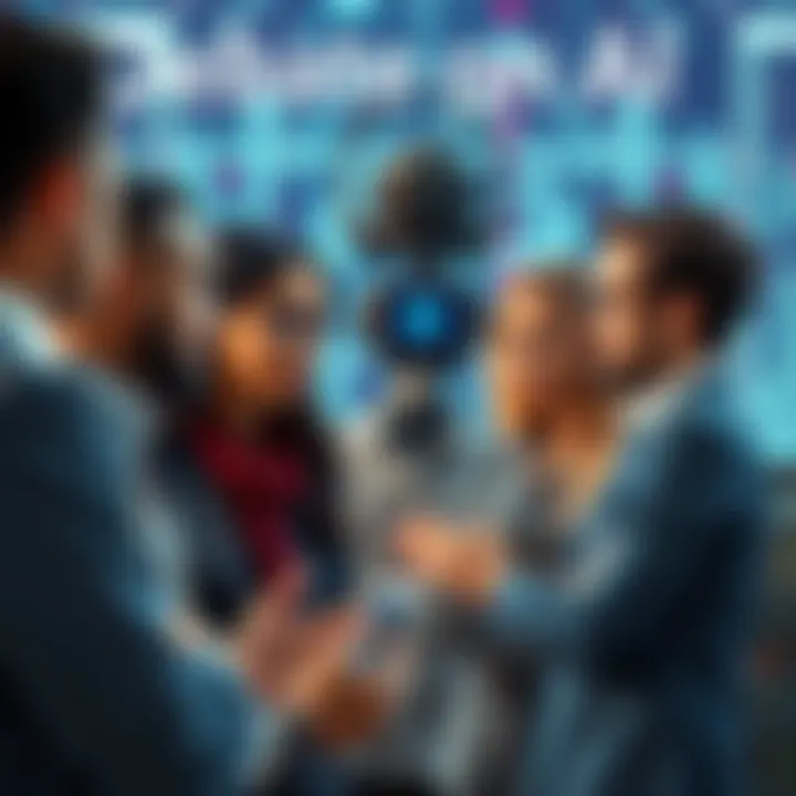 A group of diverse people discussing the pros and cons of AI technology, with a digital background representing technology.