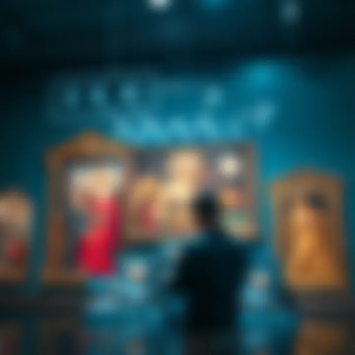 A person pondering over a digital artwork created by AI, with contrasting traditional art pieces in the background, symbolizing the discussion on creativity and technology.