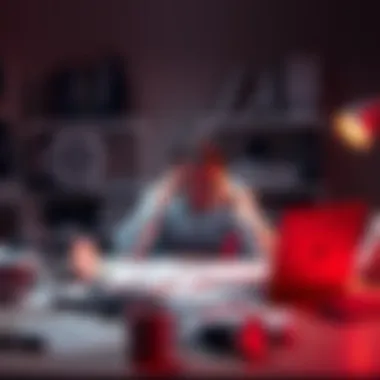 Debate on AI and Creativity A frustrated creator sitting at a desk, surrounded by papers and a laptop, looking concerned about their work being labeled as AI-generated.