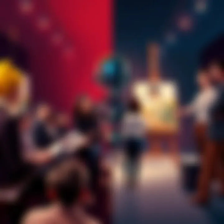 A split image showing a group of people discussing AI-generated art on one side and traditional artists with their canvases on the other, highlighting the clash in artistic views.