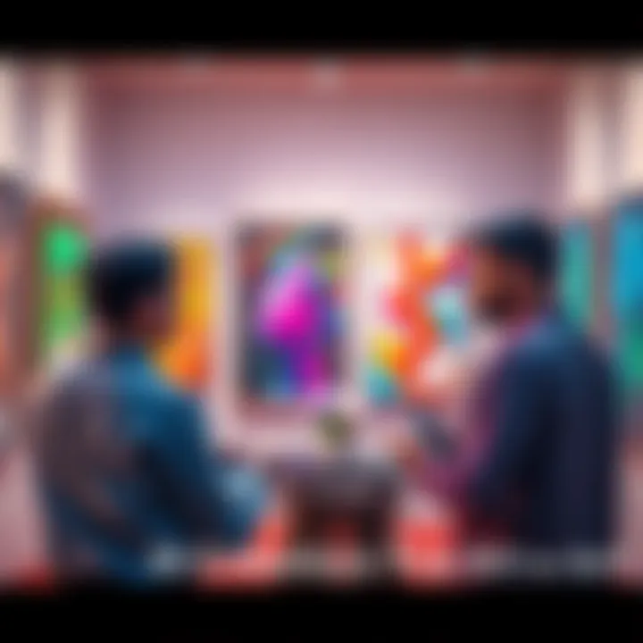 Two people discussing the value of AI-generated art in a gallery setting, with colorful artwork displayed around them.