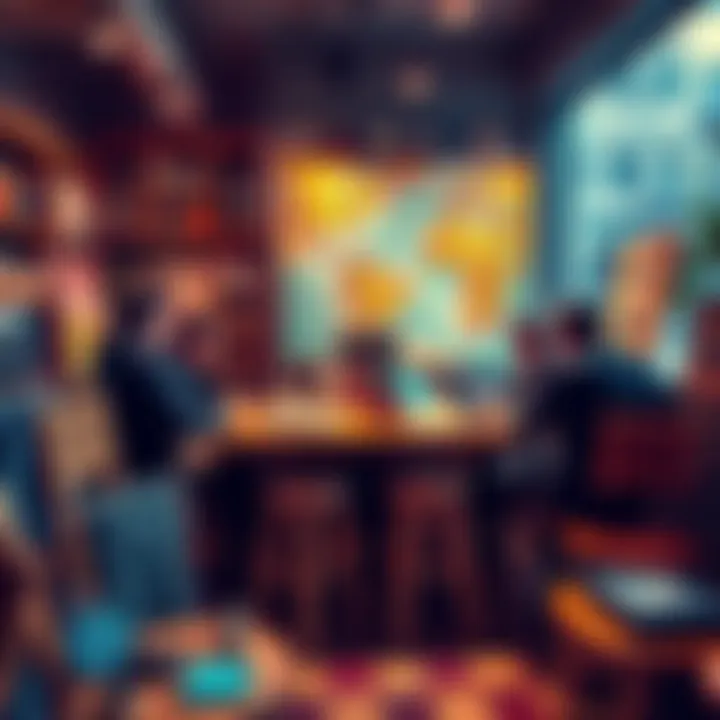 Debate on AI Art A group of people discussing the concept of AI-generated art in a coffee shop setting, with art supplies and digital devices around them.