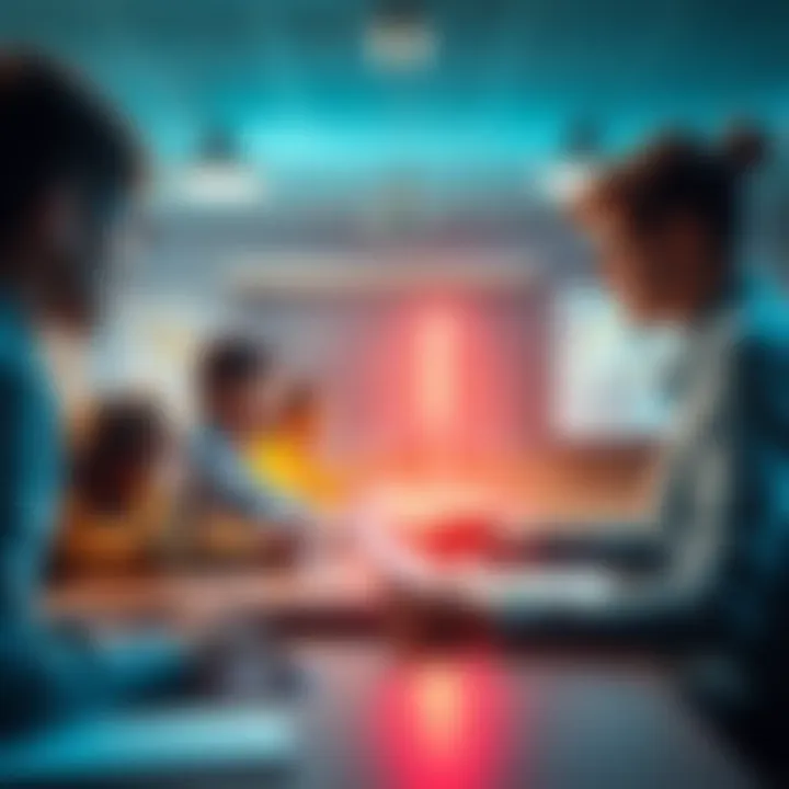 A classroom discussion with students and a teacher using AI tools in a learning environment