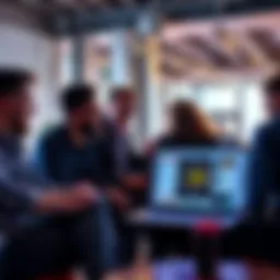 A group of people discussing the pros and cons of artificial intelligence in a casual setting, with a laptop open showing AI-related content.