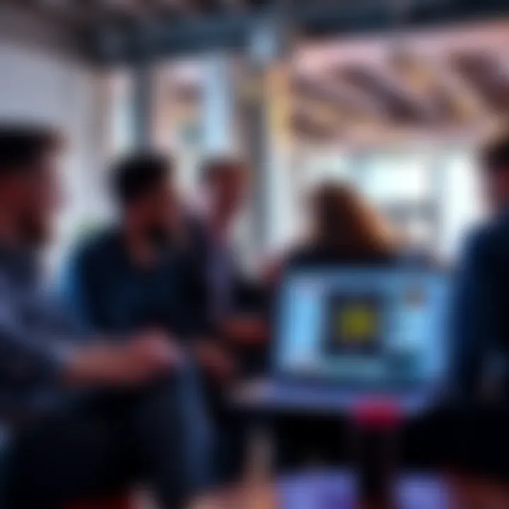 A group of people discussing the pros and cons of artificial intelligence in a casual setting, with a laptop open showing AI-related content.