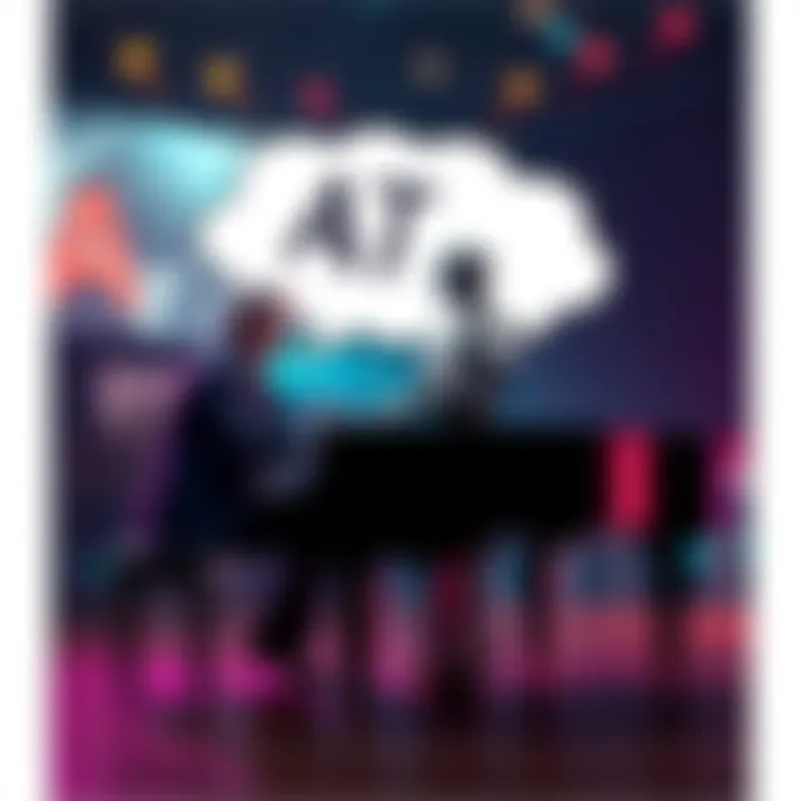 A pianist playing a grand piano with a thought bubble showing an AI robot holding a paintbrush, illustrating the clash of artistry and technology.