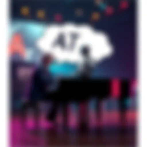 Debate on Art and AI A pianist playing a grand piano with a thought bubble showing an AI robot holding a paintbrush, illustrating the clash of artistry and technology.