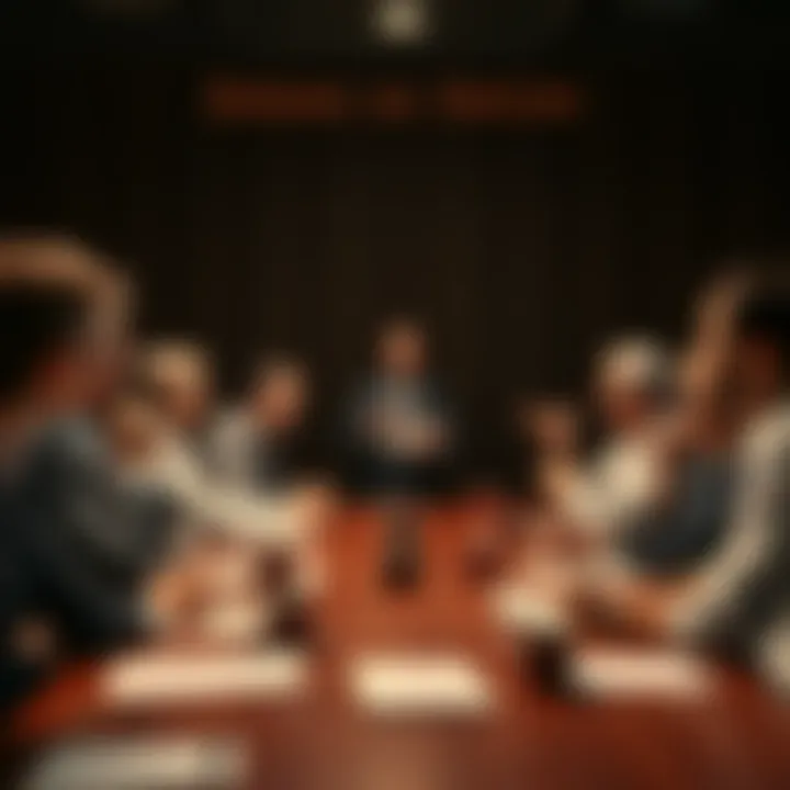 A group of people discussing and debating over a large table with papers, coffee cups, and expressive gestures, representing different perspectives on satire.