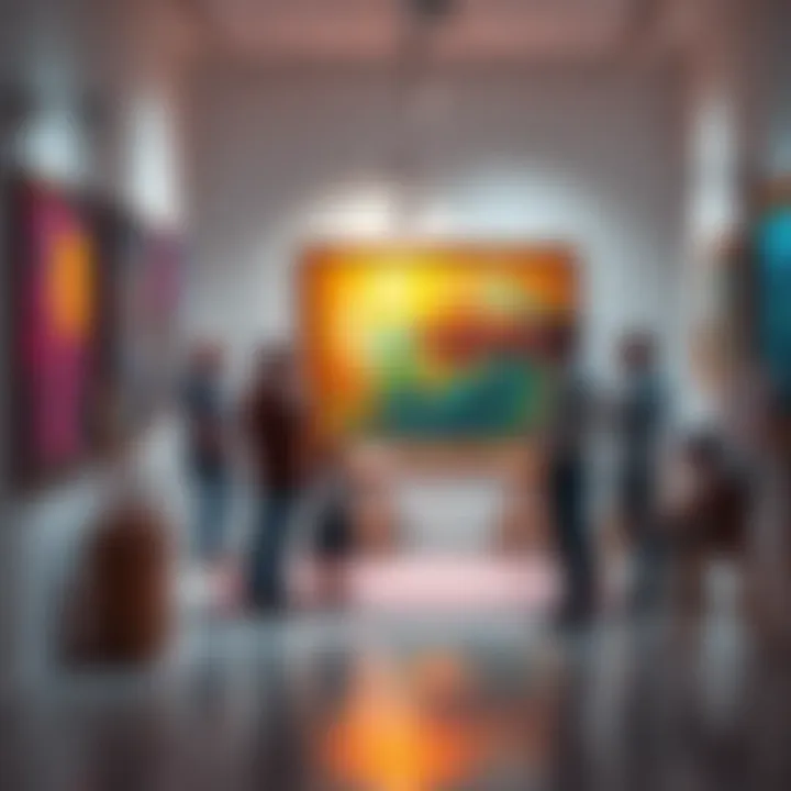 A group of artists discussing AI-generated art at a gallery, expressing mixed feelings about its impact on traditional creativity.