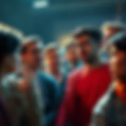 A diverse group of people passionately discussing the term 'AI enjoyer' in a public forum, showcasing varying opinions and heated expressions.