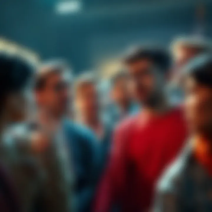 A diverse group of people passionately discussing the term 'AI enjoyer' in a public forum, showcasing varying opinions and heated expressions.