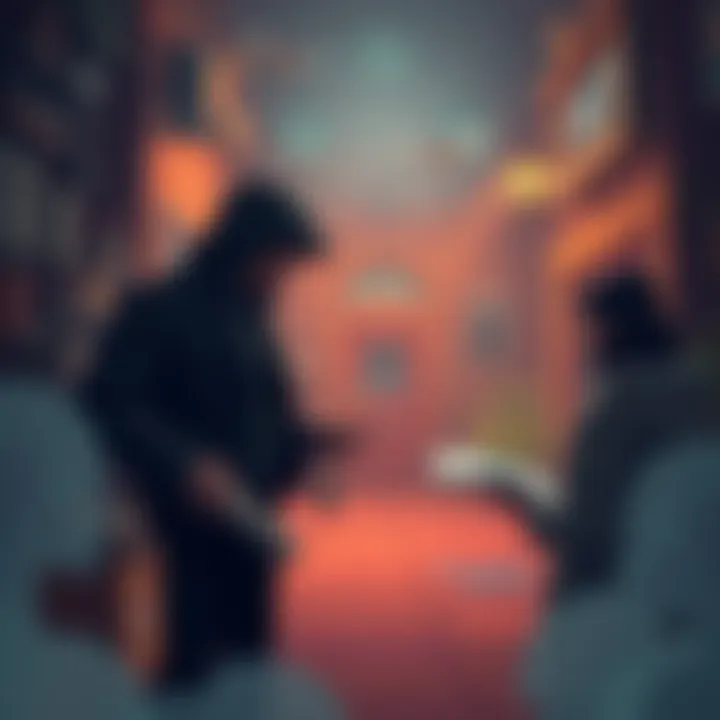 Artwork depicting a character negotiating debt payment in a stylized, grim environment inspired by classic games.