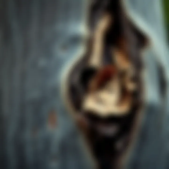 A close-up of a weathered tree with peeling bark, symbolizing decay in nature and its impact on society.