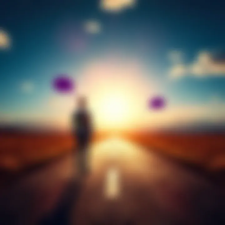 A person standing at a crossroads, contemplating different paths representing choices, with thought bubbles showing different outcomes.