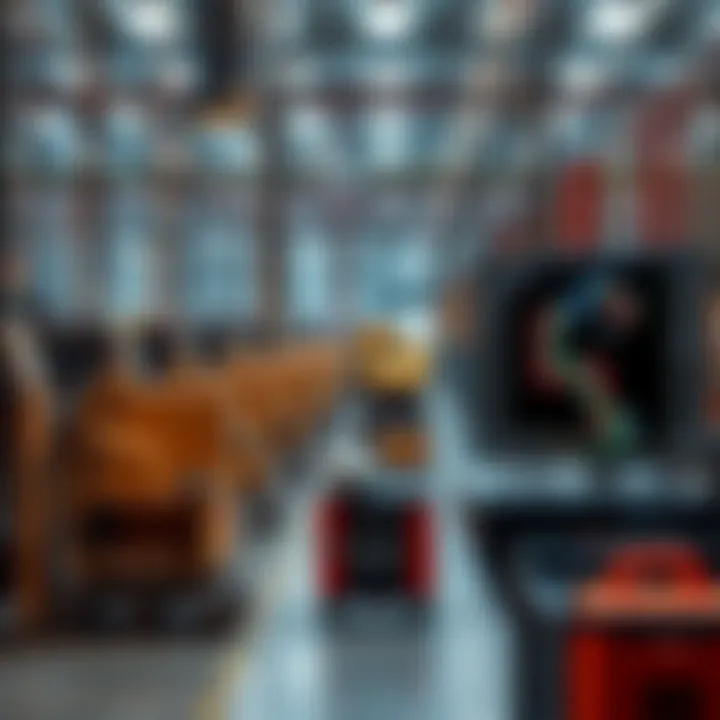 A factory floor with machines and a computer on a desk, showing the shift from manufacturing to coding skills.