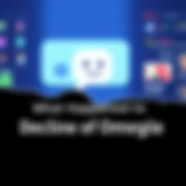 A visual representation showing the decline of Omegle, with a chat bubble icon and faded colors to signify its fall in popularity.