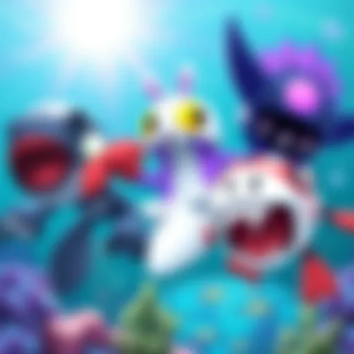 Illustration showing deep sea enemies inspired by marine life, featuring Kuragedaru, Goga, and Isoginchakku with colorful aquatic backgrounds.