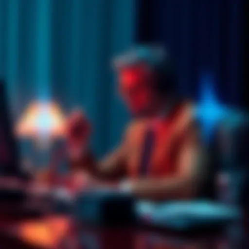A diplomat at a desk speaking on the phone, with digital sound waves representing deepfake technology around them.
