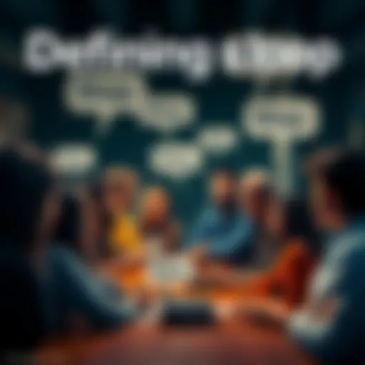 A diverse group of people engaged in a discussion about the meaning of slop, with speech bubbles showing various definitions.