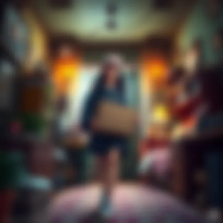 A delivery girl stands in a colorful apartment filled with odd items and challenges, looking curious and ready to explore.