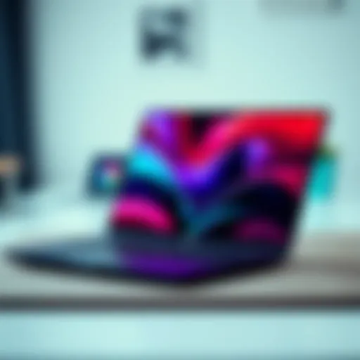 Dell XPS 13 shown in a sleek design, featuring a vibrant display and modern keyboard, positioned with a blurred background of a workspace.