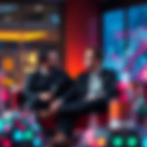 Demis Hassabis and Derek Muller sitting together, engaged in a discussion about artificial intelligence and technology, with a backdrop that suggests innovation.