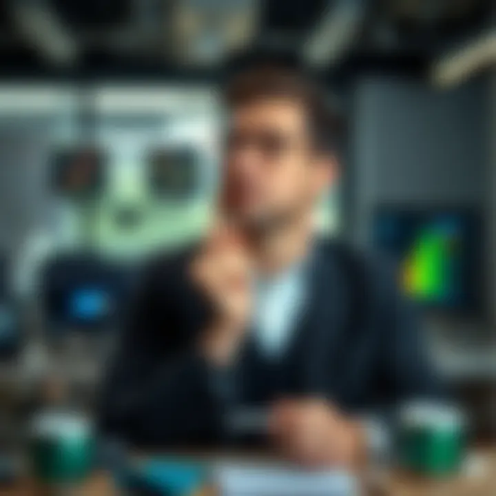 Demis Hassabis looking thoughtful in an office setting, surrounded by technology and AI-related items