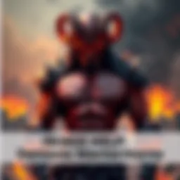 A powerful demonic warrior shows off his muscular build and curled crimson horns, set against a backdrop of a burning city.