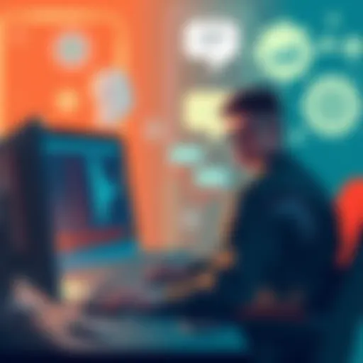 An illustration showing military personnel analyzing data on a computer screen, with AI symbols like chat bubbles and gears in the background.