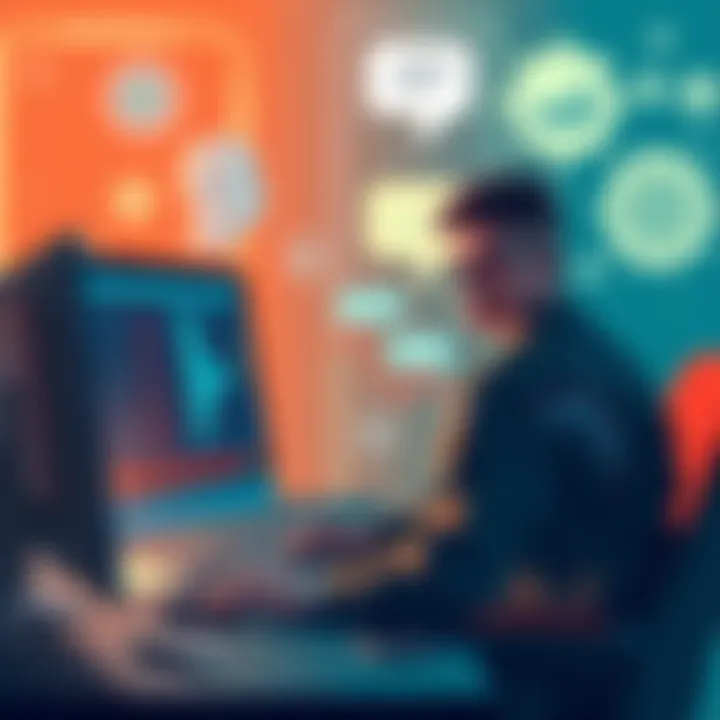 An illustration showing military personnel analyzing data on a computer screen, with AI symbols like chat bubbles and gears in the background.