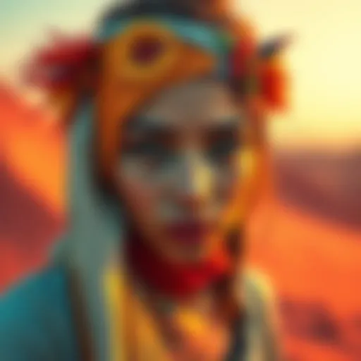 A vibrant artistic representation of a girl in a desert setting, showcasing unique colors and textures.