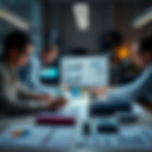 A team of designers collaborating on project updates with charts and models on a table, showcasing the complexity of ongoing design changes.