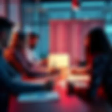 Design Patterns Discussion A group of people engaging in a conversation about design patterns with charts and notes on a table.