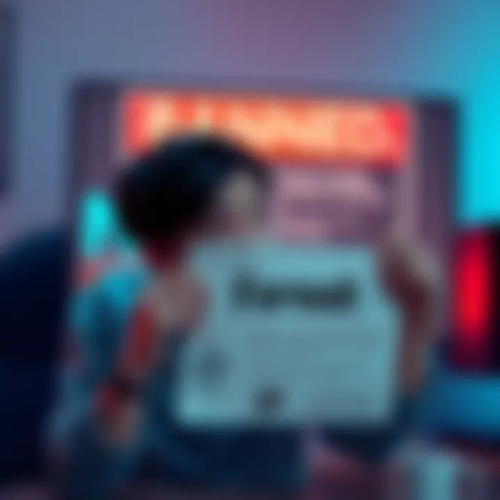 A designer holding a handmade comic with images of AI technology, looking frustrated, in front of a computer screen showing a forum ban message.