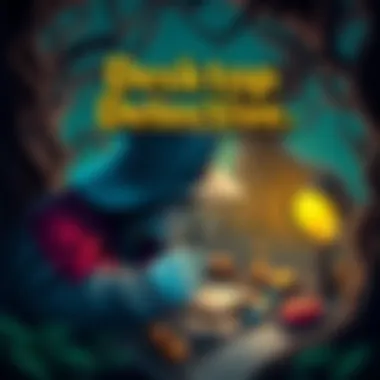 Desktop Detective Game Cover Cover art featuring a detective examining clues with a magnifying glass, set against a backdrop of twisted trees and golden objects.