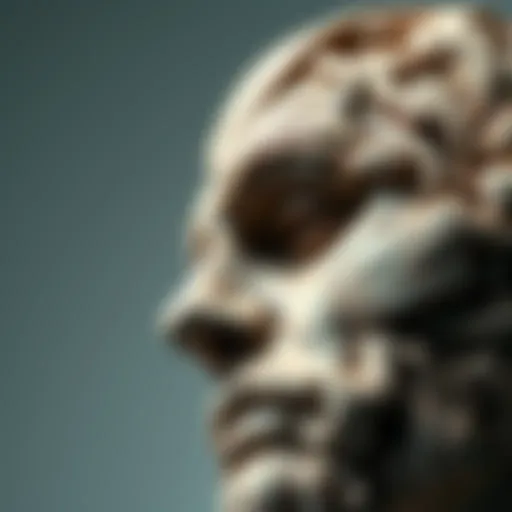 A close-up view of a meticulously crafted head sculpture showing intricate details and textures.