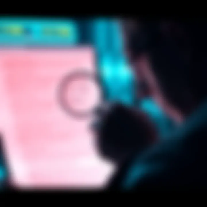 A person examining a digital document for signs of AI-generated content with a magnifying glass