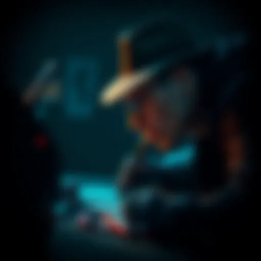 A detective with a magnifying glass looking over clues in a dark room