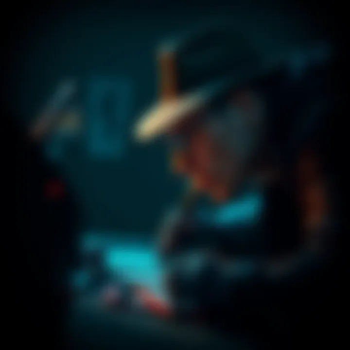 A detective with a magnifying glass looking over clues in a dark room