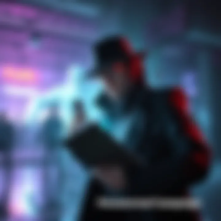 A detective in a modern setting investigates a paranormal case, holding a notepad and flashlight, with shadows of mysterious creatures lurking nearby.