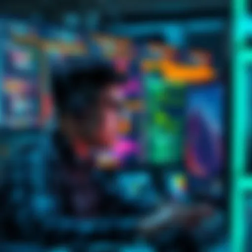 A developer focuses on a computer screen, surrounded by code and data visualization, illustrating the routine of AI jobs that involve prompts and API calls.