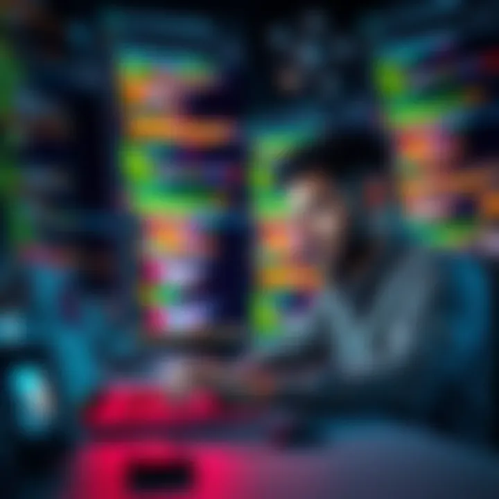 A developer focused on coding with AI tools on a laptop, surrounded by code snippets and creative content ideas, showing a blend of technology and creativity.