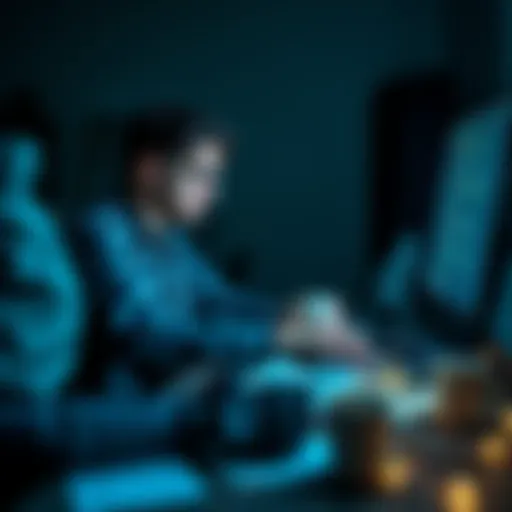 A developer working intently on a laptop in a dimly lit room, surrounded by empty coffee cups and notes, showing the effects of late-night coding sessions.