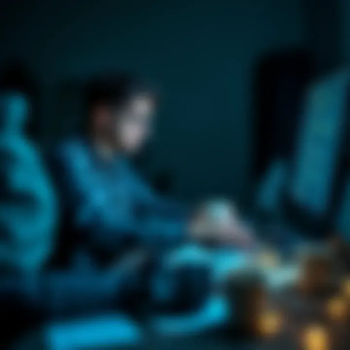 A developer working intently on a laptop in a dimly lit room, surrounded by empty coffee cups and notes, showing the effects of late-night coding sessions.